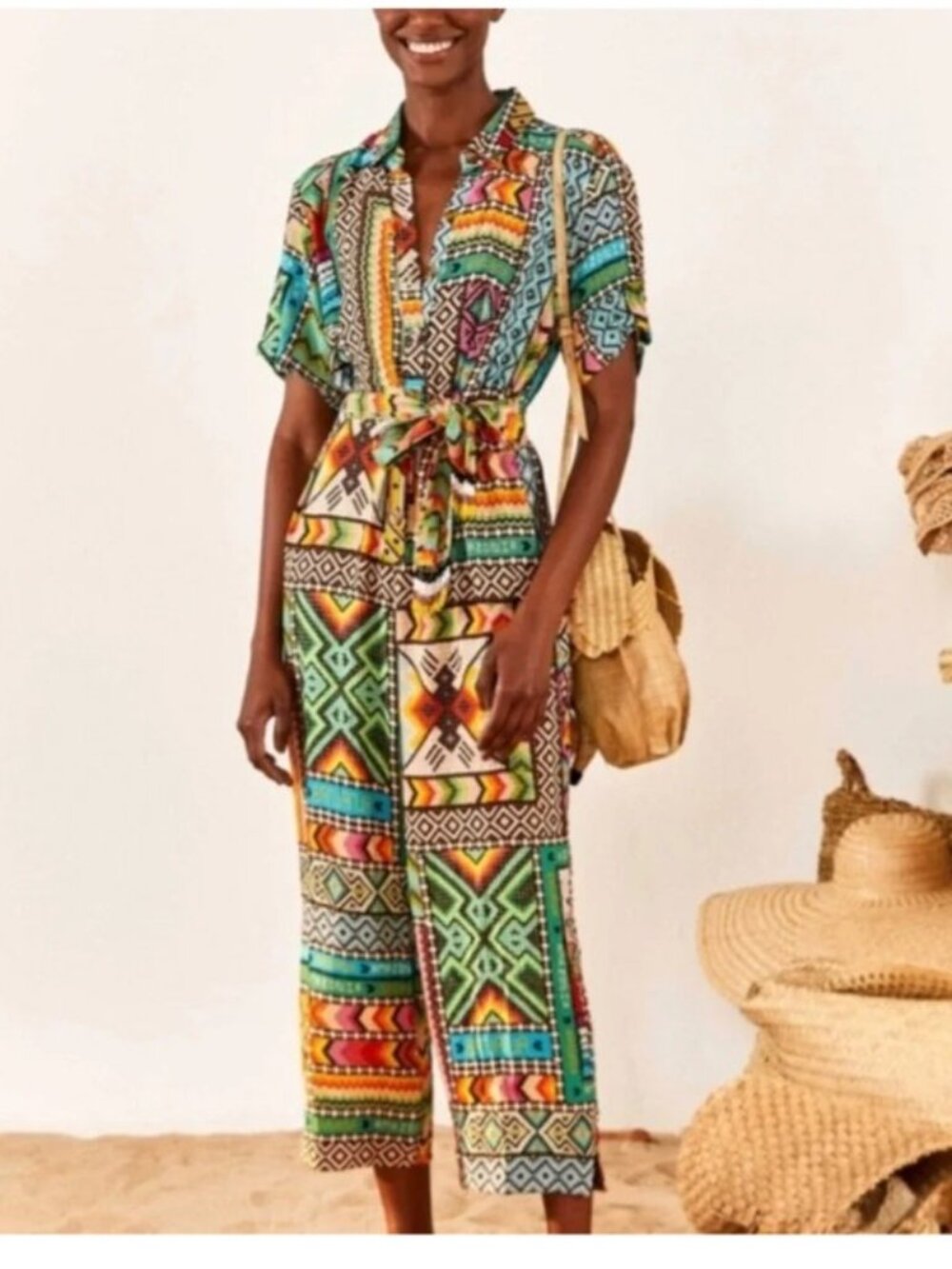 Farm Rio Brand Women's Large Banana Scarves Jumpsuit Beaded Belt Vibrant Print